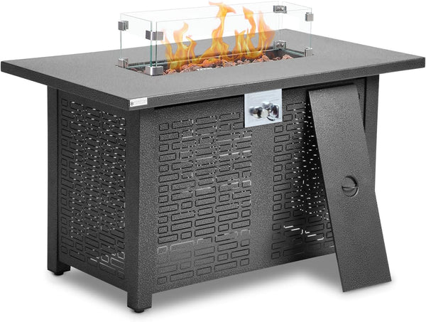 Essential Lounger 42 Inch Fire Pit Table, 50,000 BTU Rectangle Propane Gas Fire Pit, Outdoor Fire Pit Dining Table with Lid,Glass Wind Guard,Waterproof Cover,Lava Rocks - Steel