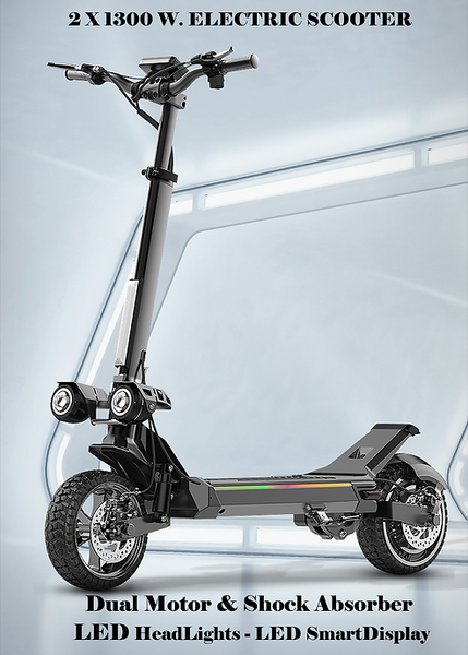 Electric Scooter, 2 x 1100 W Motor, 11" tire, Easy to Fold , Dual suspension, LED headlight, 3-Speed, Max speed up to 49 MPH. Front and Rear Drive.