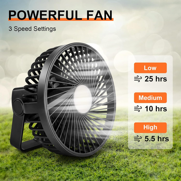 Odoland Camping Fan with LED Lantern, 7500mAh Rechargeable Battery Operated Fan with Hang Hook, Portable Camp Tent Fan, USB Table Fan with Light for Outages Hurricane Emergency