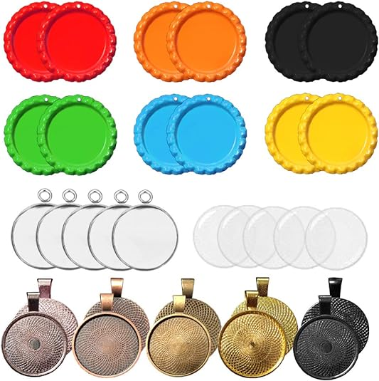100 pcs Flattened Bottle Caps Pendant Trays with Clear Epoxy Stickers, 1 inch Decorative Flat Bottle Caps Pendant Blanks and Clear Dome Cabochons for Photo Craft Scrapbook Jewelry Making