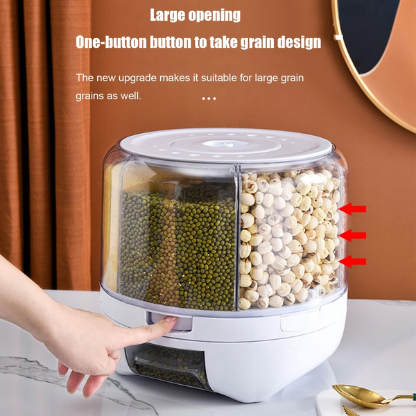 20Lbs large Grain dispenser 360°Rotating Rice Food Dispenser 6 Grids rice container rotatable Beans Containers Storage with Sealed lid for Peanut Barley Millet and Cereal