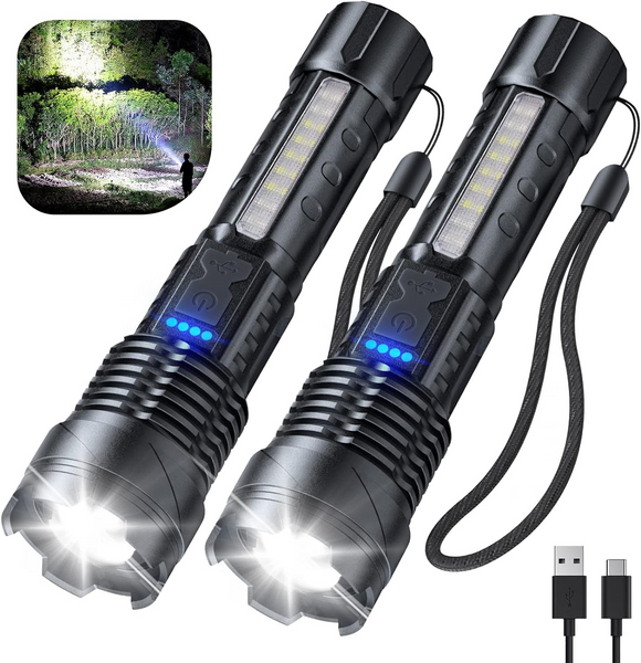 Cinlinso Flashlight High Lumens Rechargeable 2 Pack, 980000 Lumen Super Bright Led Flashlights with 7 Light Modes, IPX6 Waterproof, Powerful Handheld Flash Light for Camping Home Emergencies