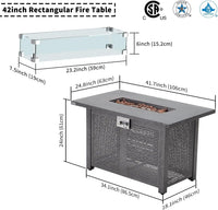 Essential Lounger 42 Inch Fire Pit Table, 50,000 BTU Rectangle Propane Gas Fire Pit, Outdoor Fire Pit Dining Table with Lid,Glass Wind Guard,Waterproof Cover,Lava Rocks - Steel