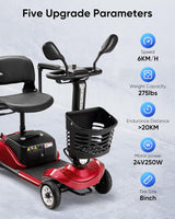 Compact 4 Wheel Mobility Scooter with Display, Foldable Electric Scooter for Seniors and Adults, Heavy Duty Travel Model with Lights, Basket, and Long-Lasting Extended