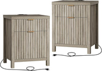 Oxford 2 Drawer Nightstand, End Table with Charging Station, Night Stand with Fluted Panel, Bed Side Table Set of 2 (Grey Oak)
