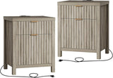 Oxford 2 Drawer Nightstand, End Table with Charging Station, Night Stand with Fluted Panel, Bed Side Table Set of 2 (Grey Oak)