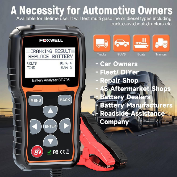 FOXWELL BT705 Car Battery Tester 12V 24V, Automotive 100-2000CCA Battery Load Tester Battery Analyzer Digital Charging System Alternator Tester Cold Cranking for Heavy Duty Truck Boat Marine SUV ATV