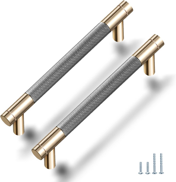 Drawer Pull 12 Pack 5" Cabinet Handles Cabinet Pulls Aluminum Handles Round Pull Gold and Nickle Oxidation Finish with Diamond Pattern Golden 6" Length