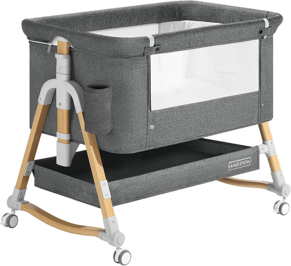 HARPPA Cuddly 3 in 1 Baby Bassinet Bedside Sleeper(Mosquito Net Included), Five-Position Adjustable Bedside Crib with Storage for Newborns, Portable Bassinet with Anchor Strap (Wood Grain, Grey)