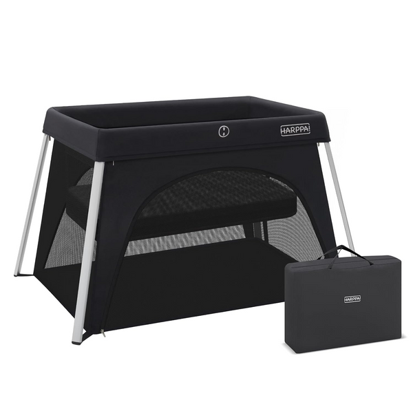 ARPPA Travel Crib with Comfy Mattress, Lightweight Portable Crib Requires No Assembly, Foldable Pack and Play for Baby and Toddlers, Compact Play Yard with Bed (Black)