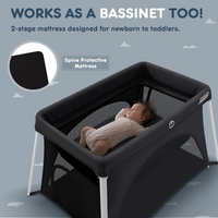 ARPPA Travel Crib with Comfy Mattress, Lightweight Portable Crib Requires No Assembly, Foldable Pack and Play for Baby and Toddlers, Compact Play Yard with Bed (Black)