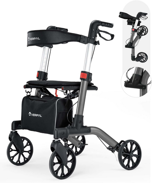 Rollator Walker with Seat, Foldable Rolling Walker with Durable Aluminum, Height Adjustable, 8" Big Wheels for All Terrain, Ergonomic Seat and Backrest,Lightweight Walkers for Seniors Adult
